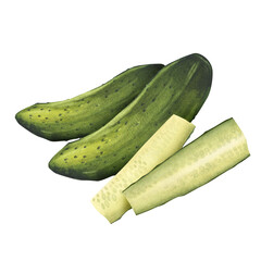 Two cucumbers with chopped sticks, cubes, batons. Hand drawn watercolor illustration. Gardening, growing green vegetables. Farming and agriculture. Organic food. For background, packaging, label, menu