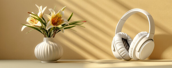 Minimalist concept of modern white headphones on a beige background with a flower in a vase,...