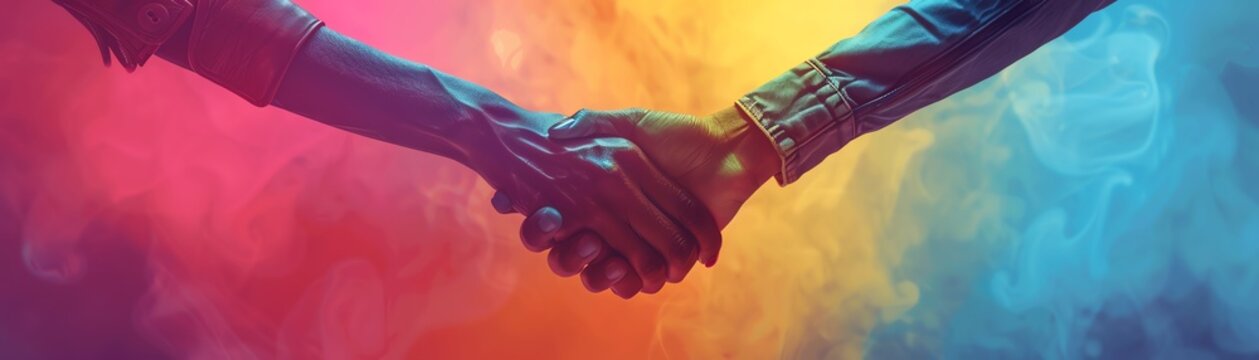 A photo of two people of different skin tones shaking hands with a colorful smoke background.