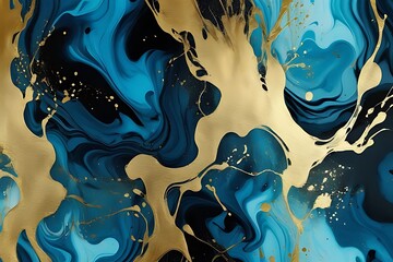 Ink Abstract Gold Paint Background: Watercolor Stone Water, Luxury Liquid Texture Marble. Modern Abstract Ink Pattern with Ocean Glitter, Black Design, Blue Light Brush Over Sea and Sky.