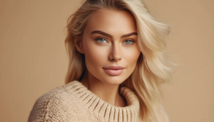 Naklejka premium Beautiful blonde woman in woolen sweater on beige background 