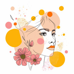 An illustration in a linear minimalistic style featuring a portrait of a woman with delicate flowers intricately adorning her face, creating a unique and striking visual