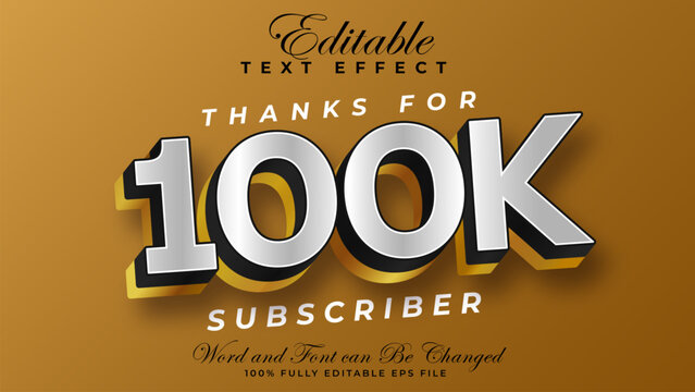 Editable 3d text effect 100k Subscriber with gold background