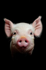 Close up of a pig's face on a black background. Ideal for animal lovers and farm-related designs