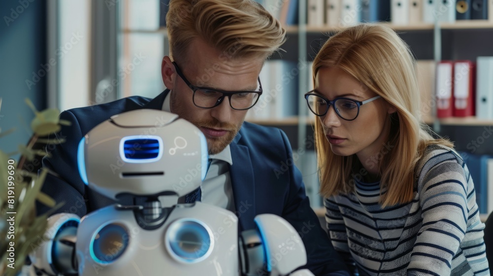 Poster tech professionals interacting with robot