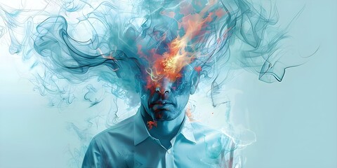 Illustration of a businessmans head exploding in flames due to corporate stress. Concept Illustration, Businessman, Head Exploding, Flames, Corporate Stress