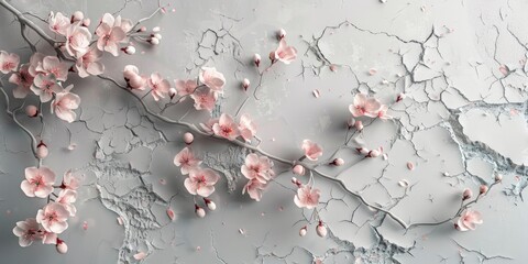  Grey background with peach blossoms and cracked wall effect.