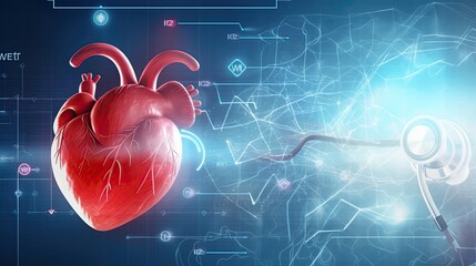 Digital illustration of human heart in colour background with stethoscope