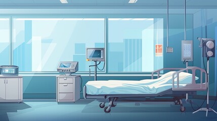 Interior of hospital room with empty bed in cartoon style
