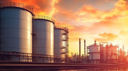 Fototapeta premium Industrial landscape with oil refinery at sunset.