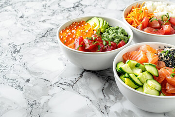 gourmet poke bowls with salmon, tuna, and vibrant vegetables on a sleek marble surface