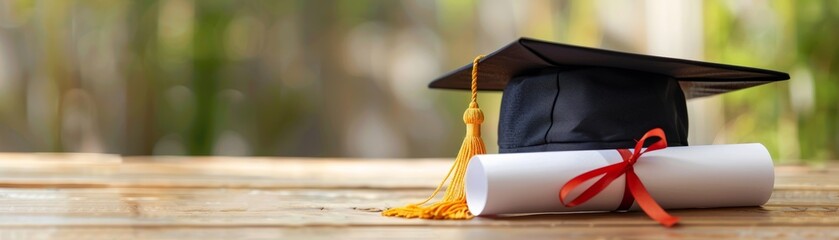 Graduation cap and diploma on a table.