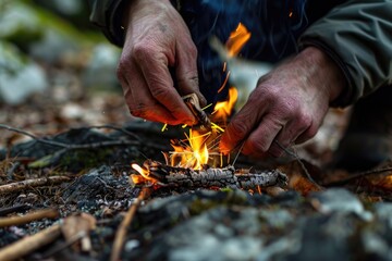 A person starting a fire in the woods. Suitable for outdoor, survival, and camping concepts