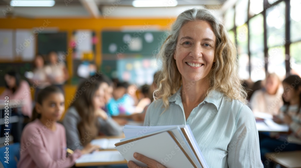 Sticker a smiling teacher in classroom