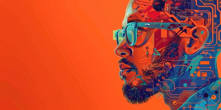 This image shows a man wearing sunglasses with a background of bright orange color. The man's face is covered in colorful circuitry and the image has a futuristic and technological feel to it.