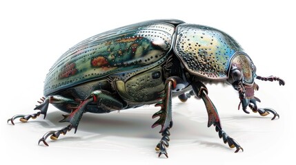 Detailed close up of a beetle on a plain white background. Suitable for scientific or nature themed projects
