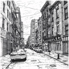 Sketch of 20th century New York city's Chinatown street, black and white ink drawing, vector art style, flat design, white background, coloring page