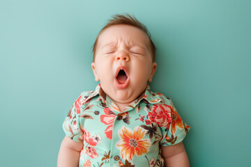cute baby boy yawning wearing a colorful floral shirt on a turquoise background