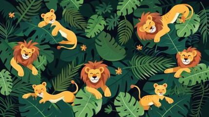 Lion pride resting in savannah flat design top view wildlife theme cartoon drawing Complementary Color Scheme