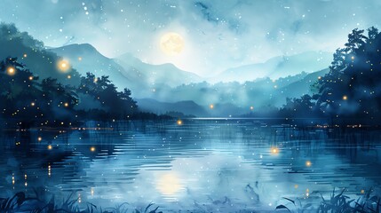 A beautiful watercolor painting of a moonlit lake