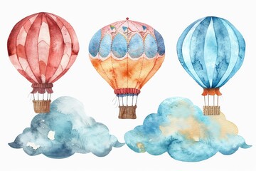 Obraz premium Watercolor illustration of three hot air balloons in red, blue, and orange with clouds