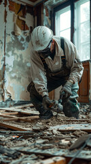 Construction Worker in Protective Gear Demolishing Interior of Old Building