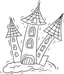 Autumn Halloween hand drawn graphics set pumpkins bats castle spider coloring antistress on a white background engraving individual elements cat