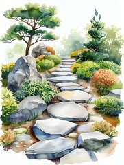 A beautiful watercolor painting of a stone path leading through a lush garden