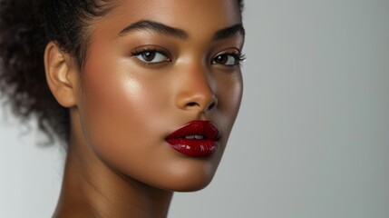 Model with bold lipstick and flawless skin.