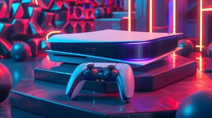 Isometric 3D render of a gaming console and controller displayed on a bold, geometric podium with immersive lighting and a dynamic gaming-themed background