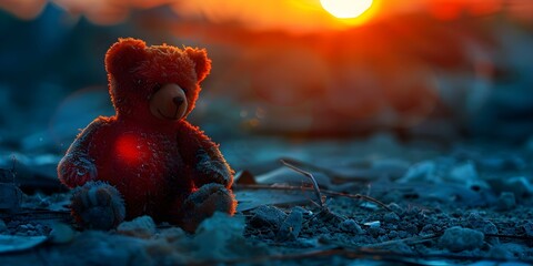 Toy bear among ruins at sunset evokes wars impact on childhood innocence. Concept Children and War, Innocence Lost, Toy Bear, Sunset, Ruins