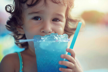 a child drinking an iced slushie drink