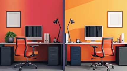 Office cubicle with ergonomic setup flat design side view productivity theme animation Split-complementary color scheme