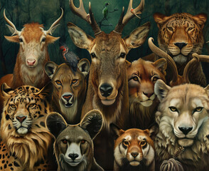 a composition of wild animals all stood together