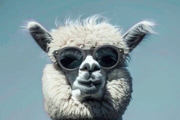 Close-up image of a llama wearing sunglasses. Perfect for travel and summer-themed designs
