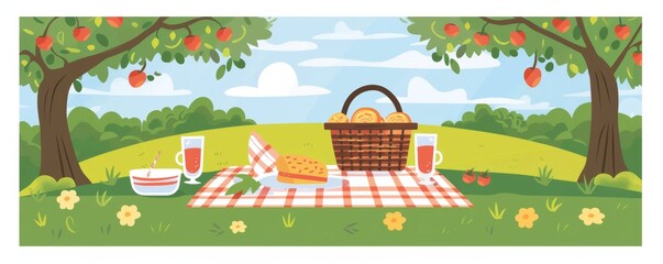 Picnic basket in a park flat design front view leisure lunch theme cartoon drawing Split-complementary color scheme
