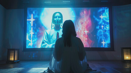 A device that merges religion with cinema for an immersive training experience, aurorapunk, luminous fantasies, kimoicore
