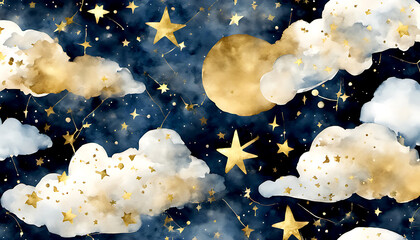 Seamless pattern of the night sky with gold foil constellations stars and clouds watercolor