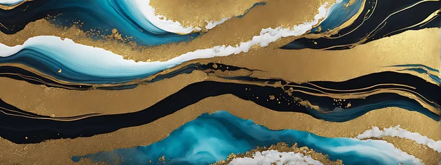 Rolgordijnen Ink Abstract Gold Paint Background: Watercolor Stone Water, Luxury Liquid Texture Marble. Modern Abstract Ink Pattern with Ocean Glitter, Black Design, Blue Light Brush Over Sea and Sky. © Five Million Stock