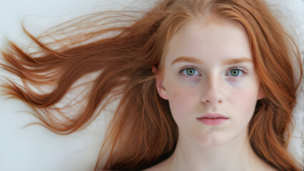 Naklejka premium white background, copy space. a woman with red hair and freckles is lying on a white surface.