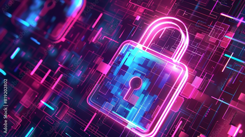 Aufkleber futuristic digital lock with neon colors, representing cybersecurity and data protection in a high-t