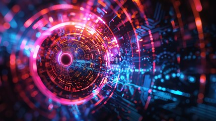 Obraz premium Futuristic digital abstract background with vibrant neon colors, depicting technology, data flow, and innovation in a high-tech environment.