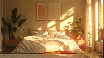 modern bedroom, sunlight coming from the right of the room