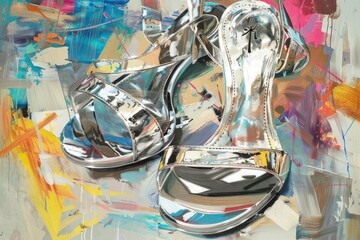 A painting of a pair of elegant silver shoes, perfect for fashion and lifestyle concepts
