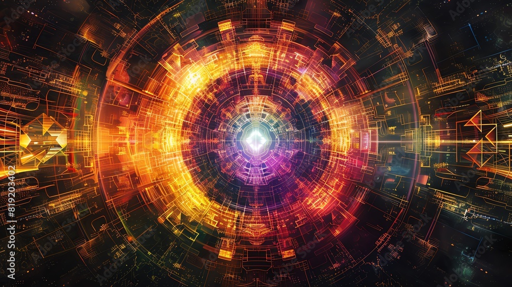 Aufkleber abstract futuristic digital art with vibrant colors creating a visually striking geometric design, p