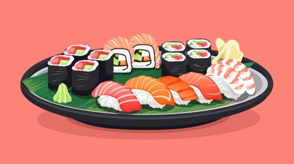 Traditional sushi platter flat design front view Japanese cuisine theme cartoon drawing colored pastel