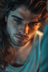 Obraz premium A man with long hair focused on his cell phone. Ideal for technology concepts