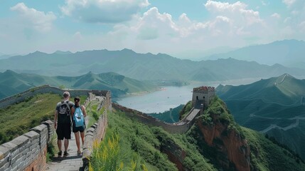 Fototapeta premium Visitors admiring the Great Wall of China.