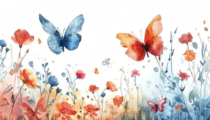 Aquarelle painting of butterflies and wildflowers. The butterflies are blue and orange, and the flowers are red, orange, and blue. The painting has a light and airy feel.