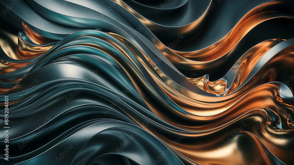 Poster abstract background in liquid luxury: gold and silver metallic ripples.